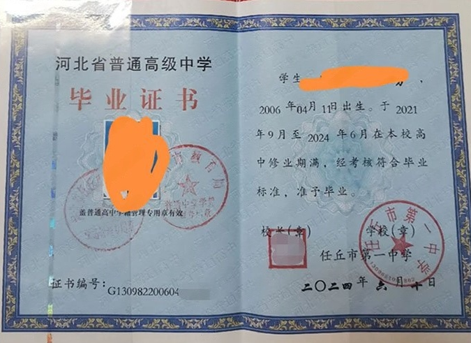 怀化任丘市第一中学高中毕业证样本图片